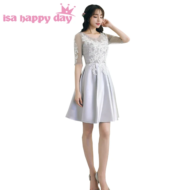 Иллюзия декольте вечернее платье серый кружева половина рукав короткий атласный длина bridemaids платья bridemaid платье под 100 H4288