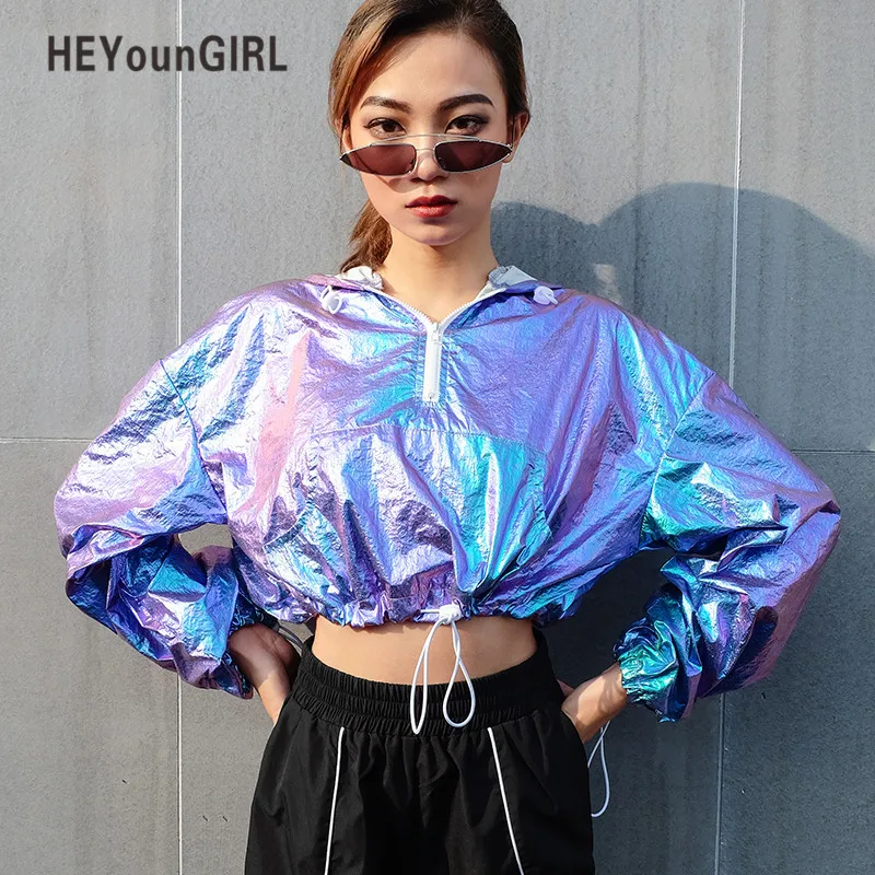 

HEYounGIRL Harajuku Casual Loose Hoodies Tshirt Women Long Sleeeve Crop Tops Tees Reflective Bright Tee Shirt Female Autumn 2018