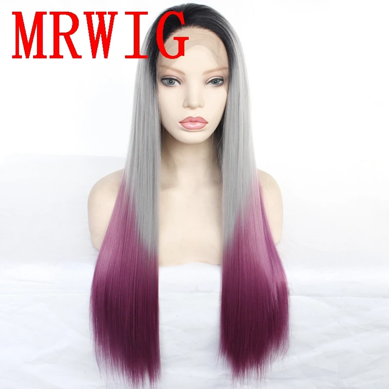 MRWIG 26in реальные pic 1b # черный ombre серый/фиолетовый бесплатная часть синтетические волосы на кружеве парик термостойкие волокно