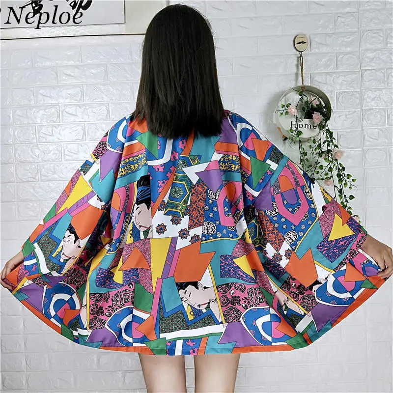 

Neploe 2019 Summer Japanese Kimono Cardigan Medium-long Sun Protection Blouses Nine Quarter Sleeve Loose Tops Print Shirt 35754
