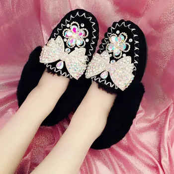 

Winter fur one European handmade luxury rhinestone gem true sheepskin ladies boots plus velvet comfort warm women's cotton shoes
