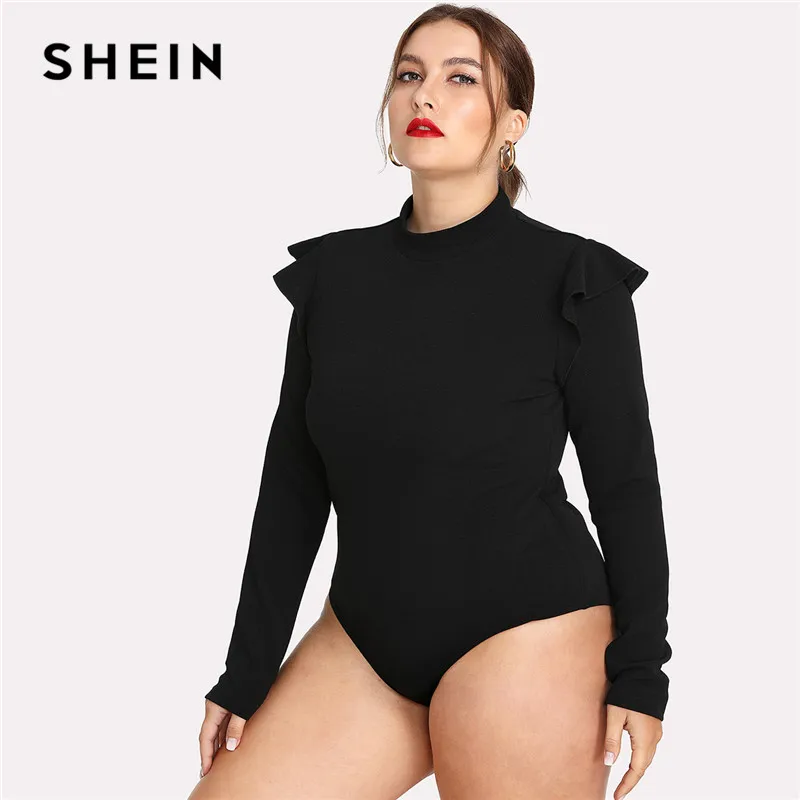 SHEIN Black Ruffle Embellished Shoulder Long Sleeve Plus Size Women Slim Fit Bodysuit Office Lady Autumn Winter Solid Bodysuit SHEIN Black Ruffle Embellished Shoulder Long Sleeve Plus Size Women Slim Fit Bodysuit Office Lady Autumn Winter Solid Bodysuit