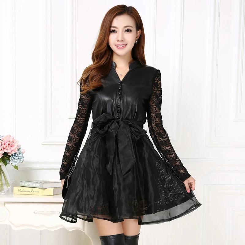 

Autumn And Winter New Genuine Leather Lace Long Sleeve Tie Dress Women Sheepskin Splicing European Root Yarn Leather clothes