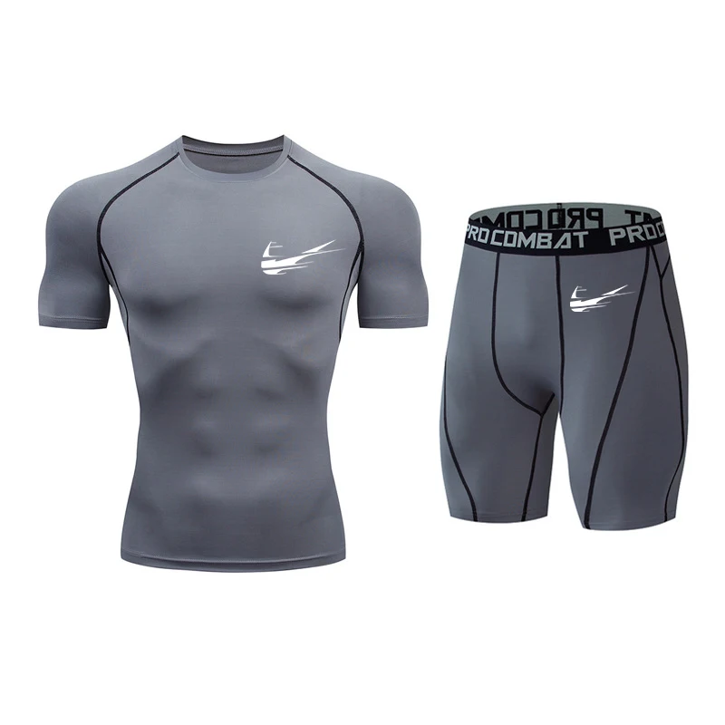 

Men's sportswear short-sleeved + shorts T-shirt shirt gym quick-drying fitness clothing sportswear men's suit MMA tight-fitting