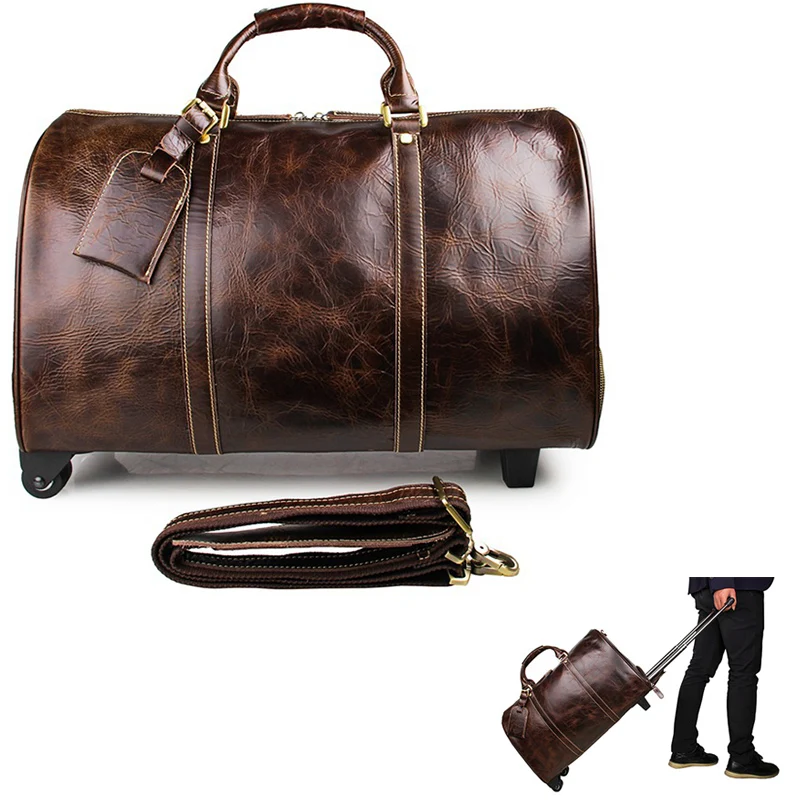 

Large Genuine Cow Leather Travel Trolley case Men Women Fashion Cowhide 20" Brown Big wheeled duffel Rolling luggage Boston bag