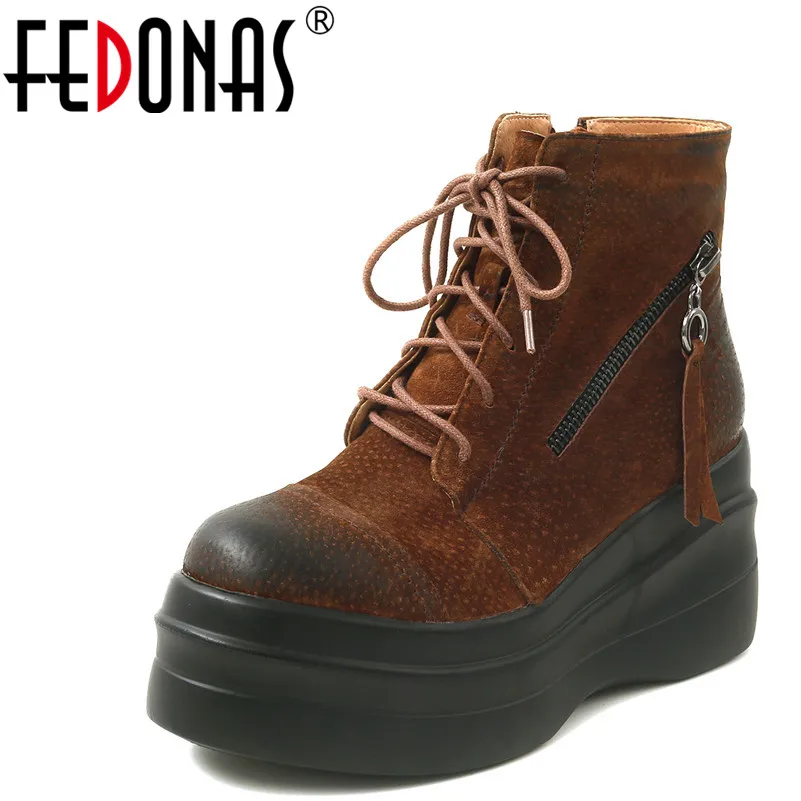 

FEDONAS 1Fashion Women Ankle Boots Cow Suede Autumn Winter Warm Basic Boots Cross-tied Round Toe High Heels Shoes Woman Flats