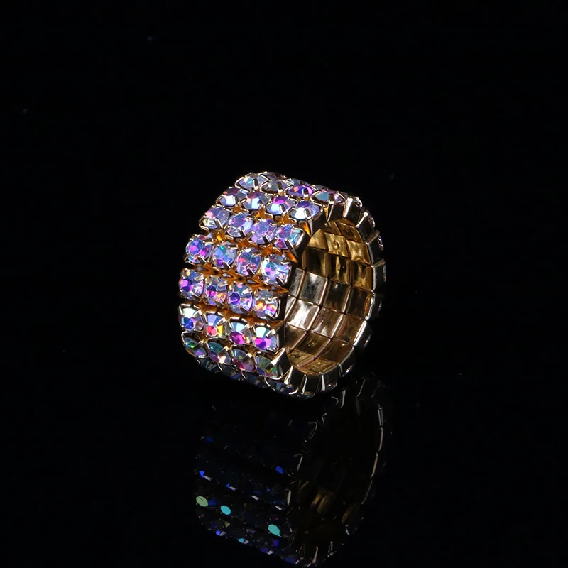 TDQUEEN 1-5 Rows AB Crystal Rings Gold Color Metal Bridal Wedding Rhinestone Elastic Stretch AB Stone Rings for Women (5)