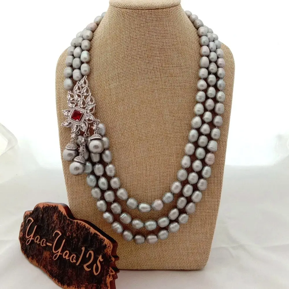 

22" 3 Strands Gray Rice Pearl Necklace Sea Shell Pearl CZ Pendant