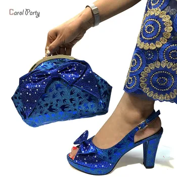 

Fashionable Nigerian Shoes and Bag Set African Sets Royal blue Color Italian Shoes with Matching Bags for Royal Wedding Party