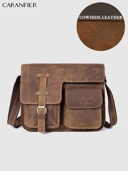 

CARANFIER Mens Briefcases Vintage Crazy Horse Shoulder Crossbody Bags Genuine Cowhide Leather Male Laptop Computer Travel Bags