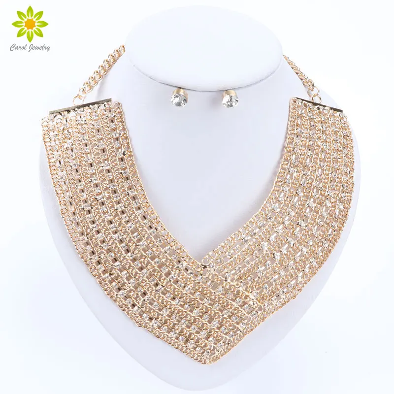 Crystal Rhinestones Gold/Silver Plated Fashion Jewelry Sets V Collar Bead Necklaces Earrings Set For Women Wedding Party | Украшения и