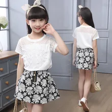 Jupe Princesse Fille Réglée À Manches Courtes Blanc T-Shirt Fille Imprimé floral Jupe 2 Pcs Été 2017 Enfants de Vêtements 2 6 8 10 12 14 6