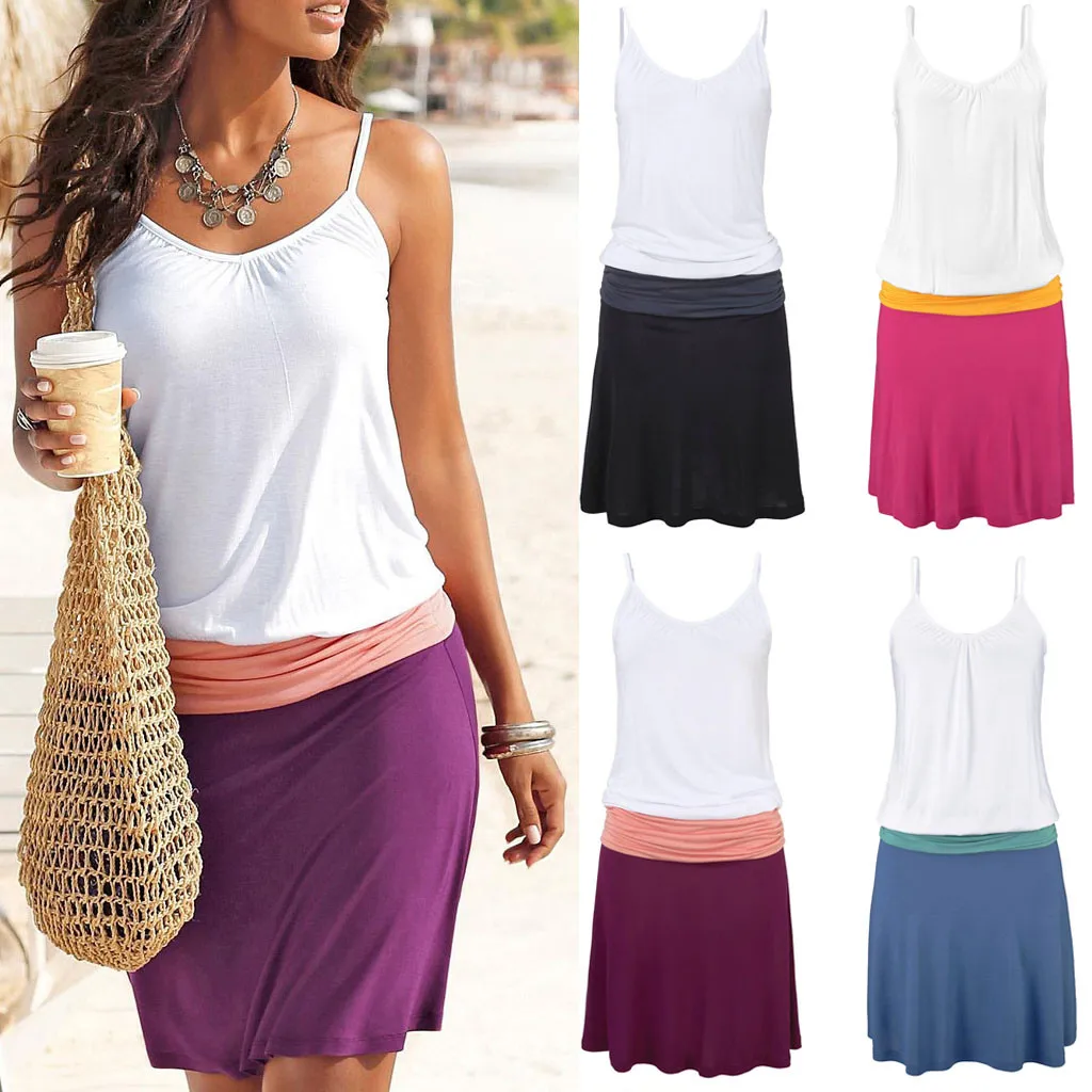 

Womens Bohemian Dress Sleeveless O-Neck Patchwork Above Knee Dress Party Dress vestido summer dress 2019 ropa mujer women