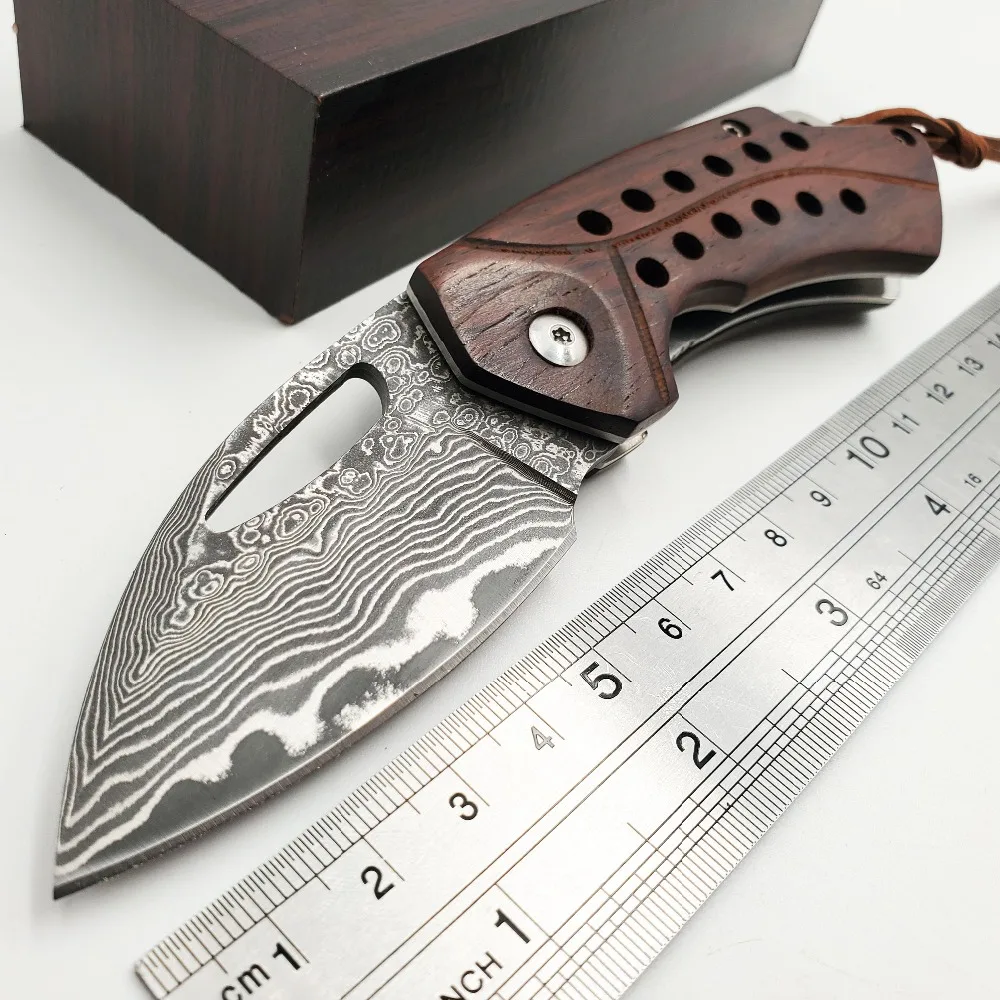 Lidar com Bolso de Combate Acampamento ao ar Damasco Faca Dobrável Rosewood Livre Facas Frutas Sobrevivência Caça Utilitário Tático Ferramentas Edc d2