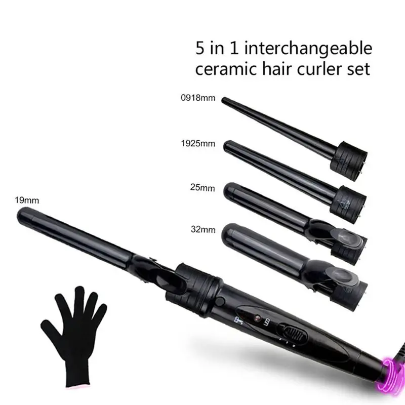 

5 in 1 Ceramic Hair Curler Set Professional Curling Iron Wand Interchangeable Barrel Tourmaline Dual Voltage