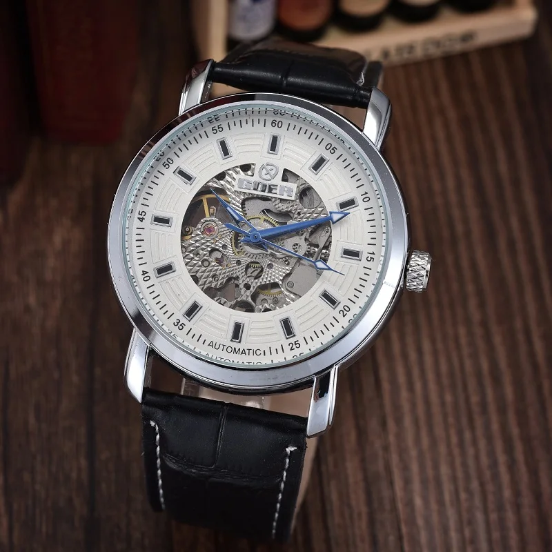 GOER brand Fashion male wrist watch Luminous digital Skeleton leather sports men s watches Machinery automatic