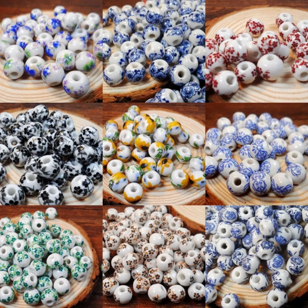 Handmade Blue and White Ceramic Flower Beads – 50Pcs Set