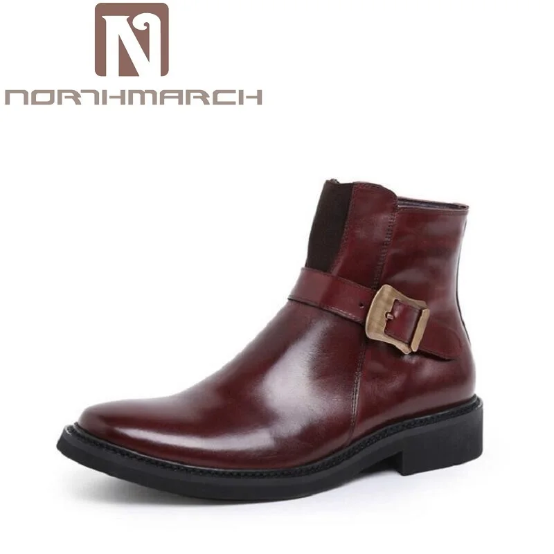 

NORTHMARCH Arrivale Genuine Leather Buckle Strap Round Toe Ankle Dress Boots Side Zipper Black Men Shoes Male Tenis Masculino