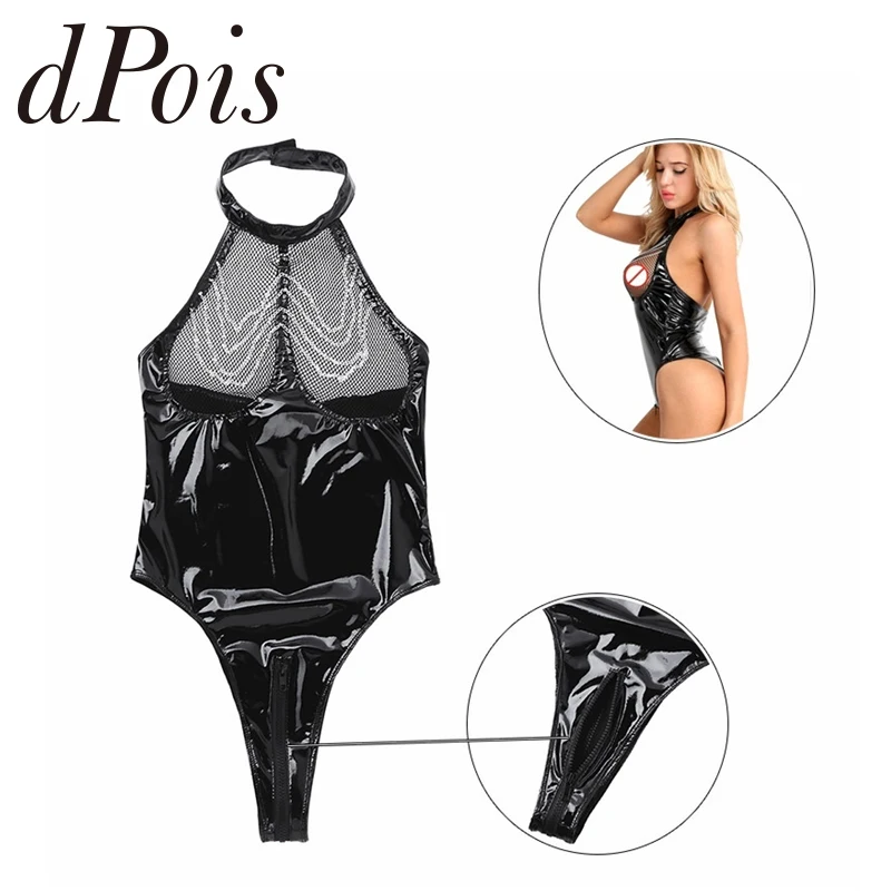 

Women Wetlook Patent Leather One-piece Sleeveless Halter Neck Mesh Fishnet Bust Zipper Crotch Leotard Bodysuit Sexy Clubwear