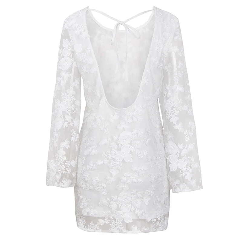 Anself mujeres bordado Floral encaje vestido espalda abierta pura manga larga espalda descubierta vestido Casual fiesta Mini Shift vestido blanco Ropa