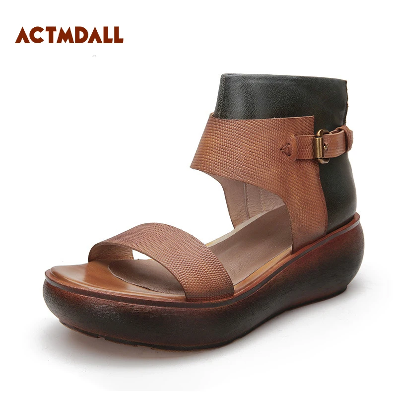 

2019 Thick Sole Ladies Sandals Leather Wedge Heel Rome Style Woman Sandal Buckle Strap Comfort Summer Ankle Boots Actmdall