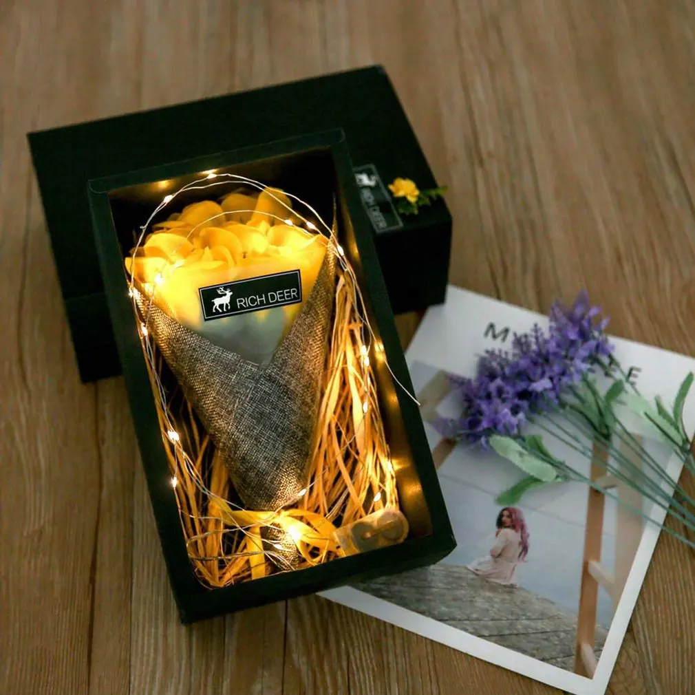 

Romantic Artificial Rose Soap Flowers +Copper Wire Led lights Gift Box for Wedding Party Favor Birthday Valentine's Present