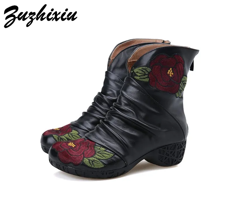 

Zuzhixiu-Autumn/Winter Retro folk style zipper female boots with warm cashmere genuine leather handmade shoes with embroidery