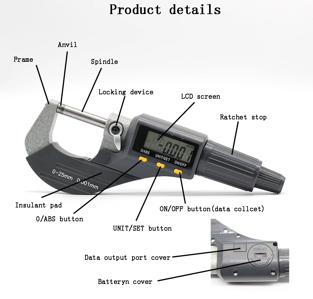 Высокоточный 0,001 мм аккумулятор CR1632 электронный Внешний диаметр микрометра 0-25 мм с ЖК-цифровым микрометром цифровой суппорт