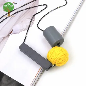 GREY yellow Geometric jewelry wooden beads Necklace minimalist modern necklace boho simple voodoo knit ball bar tube NW189