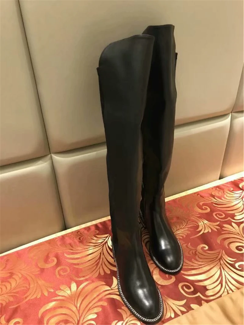 

Fashion Street Style Luxury Metal Chain Over the Knee Boots Patchwork Round Toe Flats Motorcycle Long Cowboy Boots Shoes Woman