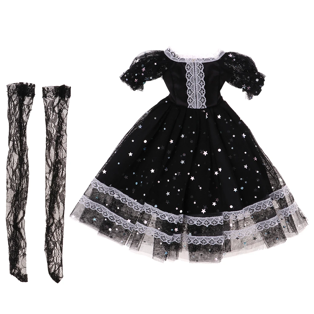 1/3 Sweet Black Short Sleeve Lace Gauzy Dress Skirt and Stockings for BJD Night Lolita Doll DIY Accessories