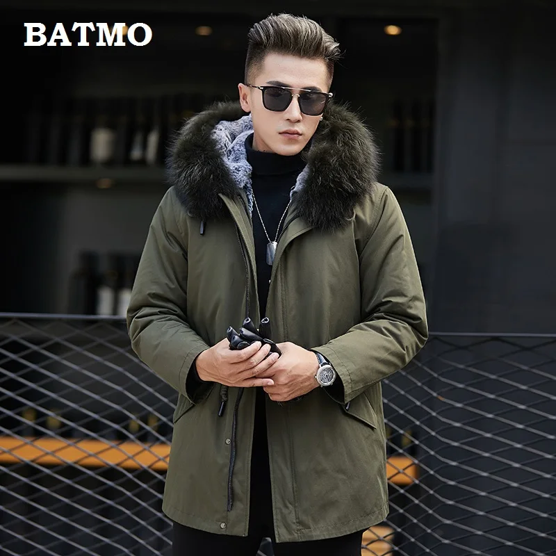 Batmo Новое поступление зимняя высококачественная теплая куртка с капюшоном из кроличьего меха, синяя мужская куртка, парки с воротником из меха енота для мужчин 1820