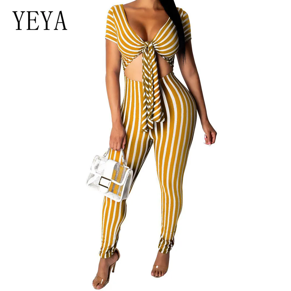 YEYA Women Jumpsuits Rompers Fashion Dynamic Striped Playsuits Sexy V Neck Short Sleeve Casual Bodycon Bandage Black Overalls YEYA Women Jumpsuits Rompers Fashion Dynamic Striped Playsuits Sexy V Neck Short Sleeve Casual Bodycon Bandage Black Overalls