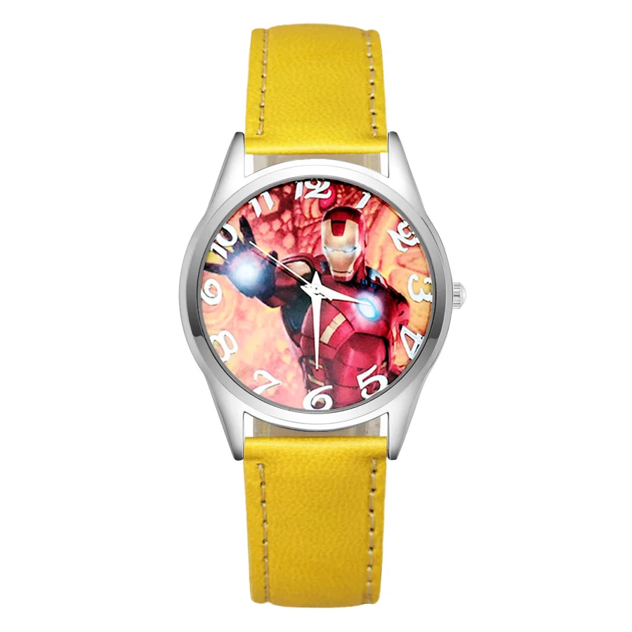 Мультяшные милые Мстители Железный человек стиль детские часы Дети студентов девушки кварцевые Кожаный ремешок наручные часы JC47 - Цвет: Yellow