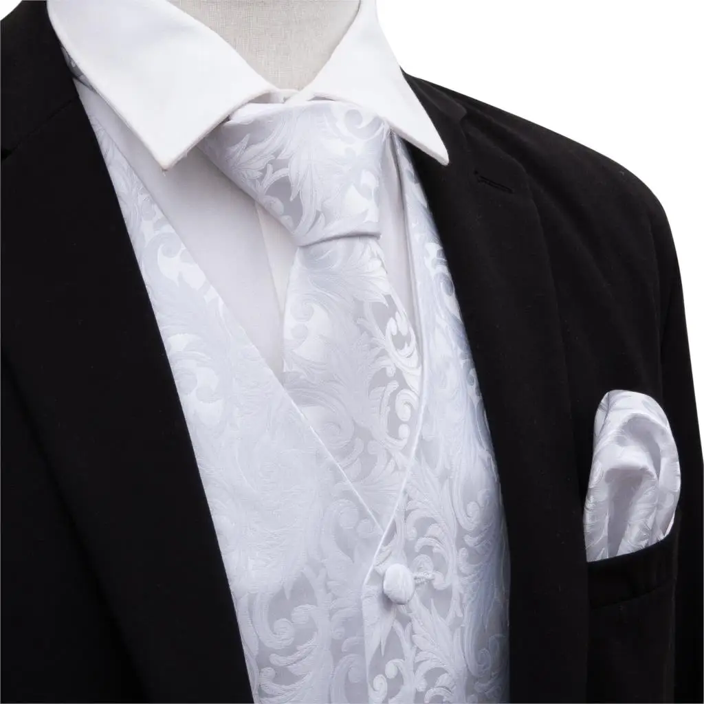

Men Solid White Suit Vest Silk Waistcoat Formal Paisley Ties Cufflinks Pocket Square Set for Tuxedo Male Gift Barry.Wang MJ-2002