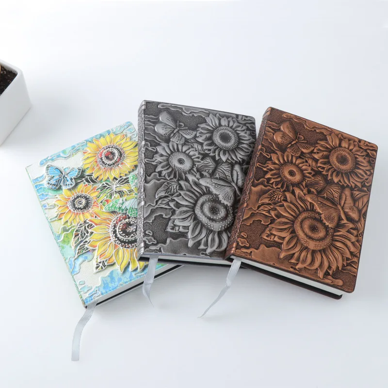 

Mini Vintage 3D Print Embossed Notebook Sunflower Travel Diary Notebook Magazine Leather Gift Bible Book Manual Free Shipping