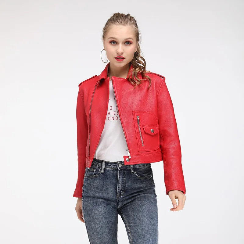 Maylofuer Genuine Leather Jacket Women Fashion Bright Colors Black Motorcycle Coat Short Biker Jacket Soft Coats Female