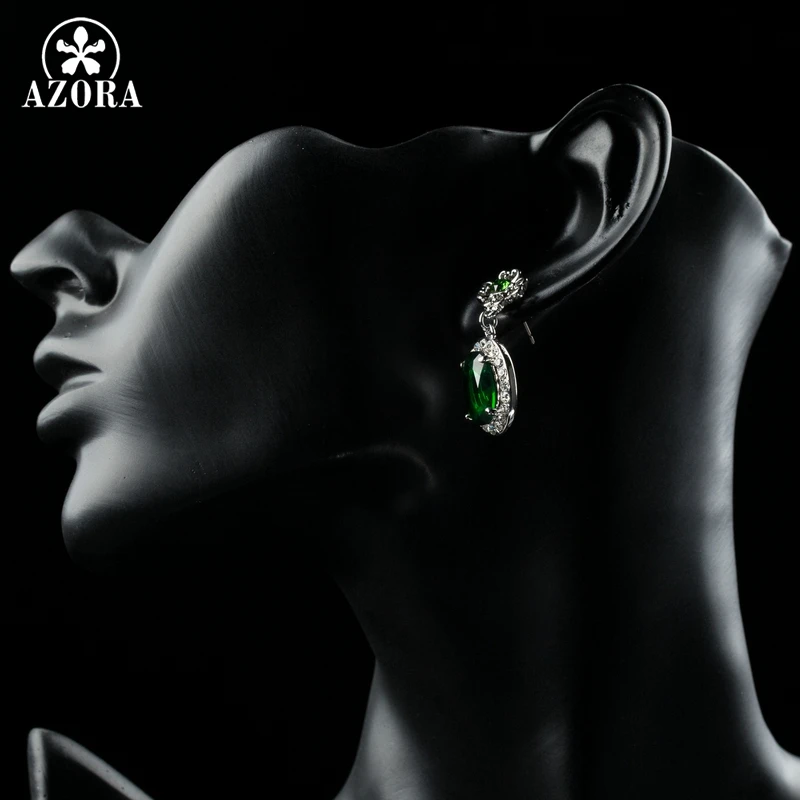 AZORA White Gold Color Oval Green Cubic Zirconia Flower Drop Screw Back Earrings TE0280