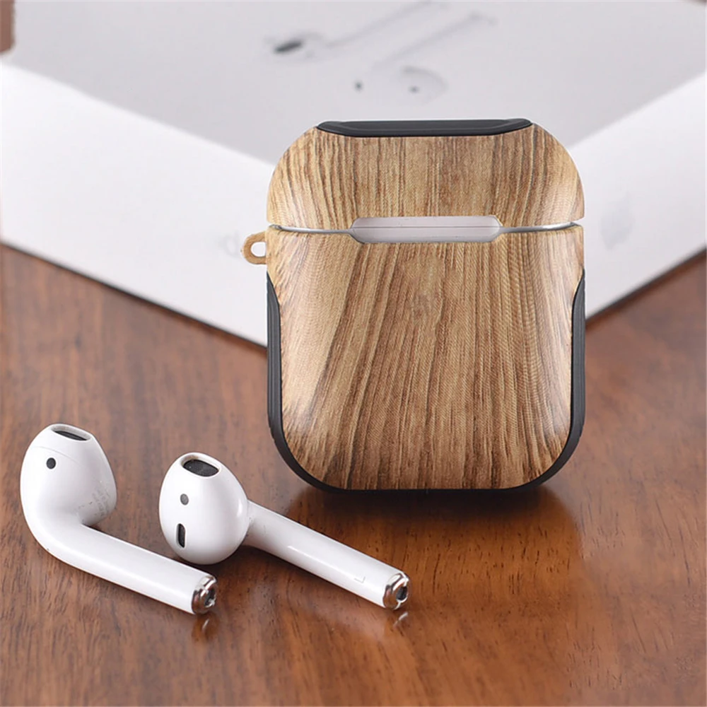 Retro Wood Texture PC Case for AirPods Classic Protective Case for Air Pods Bluetooth Wireless Headset Hard Shell With Strap