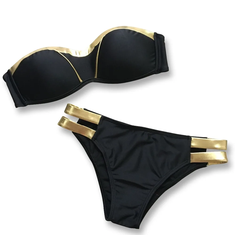 Gold Patchwork Bikini Set Women Sexy Bandeau Swimsuits Push Up Swimming