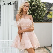 Simplee с открытыми плечами цветок сетка летнее платье элегантные женские Высокая Талия спинки мини-платье Мода 2017 г. без бретелек вечернее платье