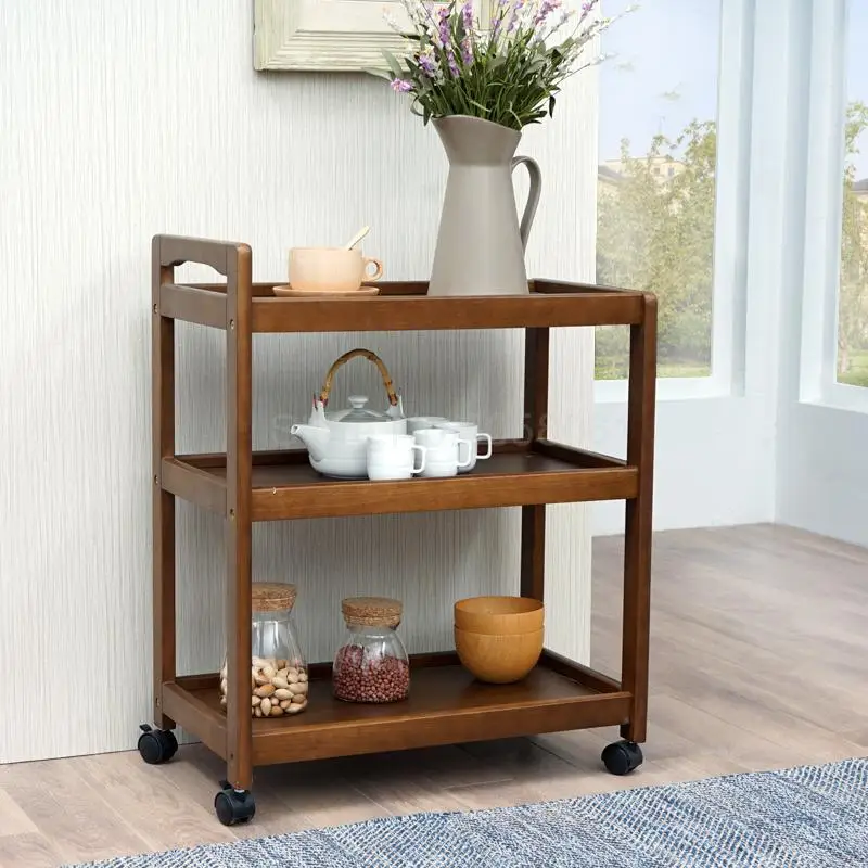 

Solid Wood Movable Dining Car Multi-function Tea Cart Household Kitchen Shelf Wine Cart Three-storey Trolley Dining Side Car