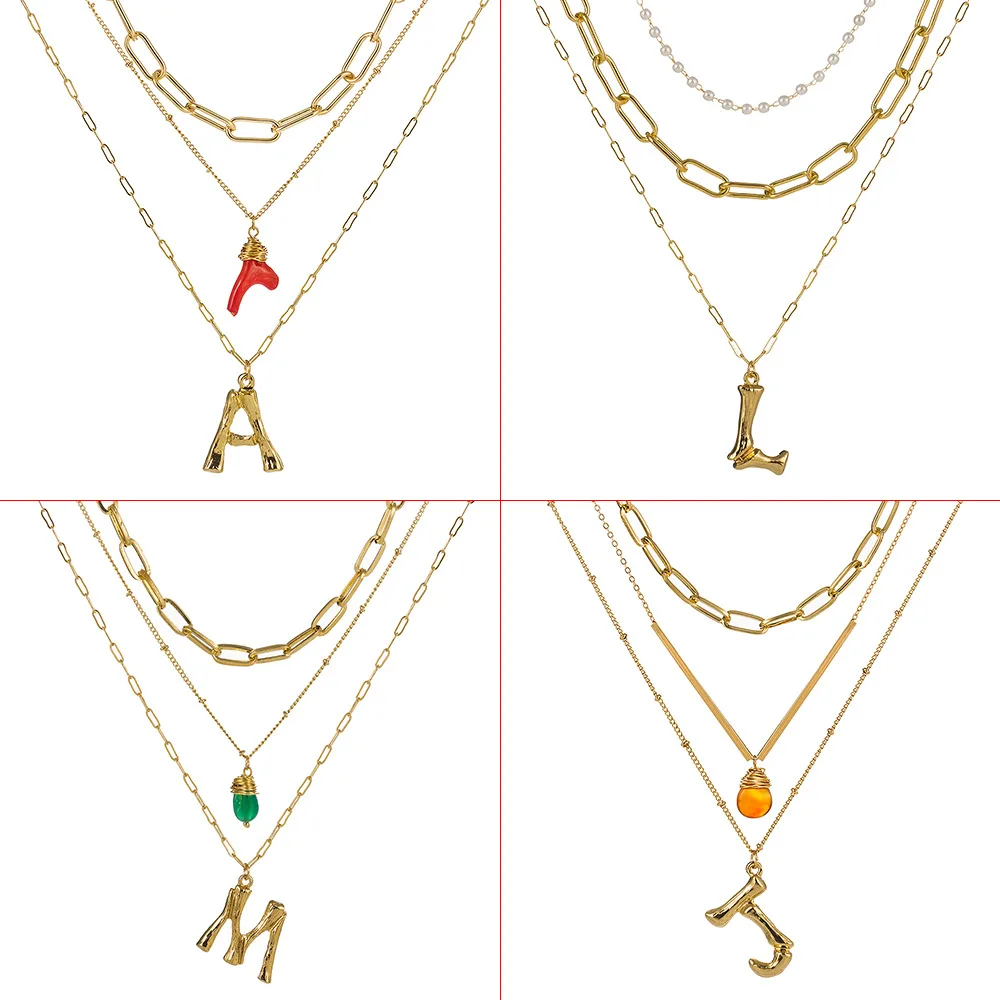 

DIY 26 Letter Big Alphabet Name Initial Pendant Necklace Women Gold Color Natural Pearl Stone Chain 2019 Fashion Long Boho