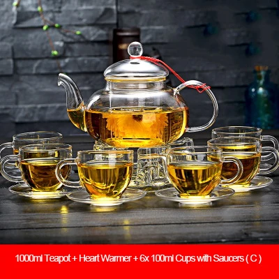 Элегантный стеклянный чайный сервиз из боросиликатного стекла, чайный горшок с чашками, бамбуковый чайный поднос, чайный сервиз, подогреватель, стеклянный чайный горшок, подарочный набор - Цвет: 1000ml H 14in1