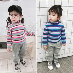 2018 г., Новое поступление, зимняя модная футболка в Корейском стиле с высоким воротником и бархатной подкладкой для милой маленькой девочки