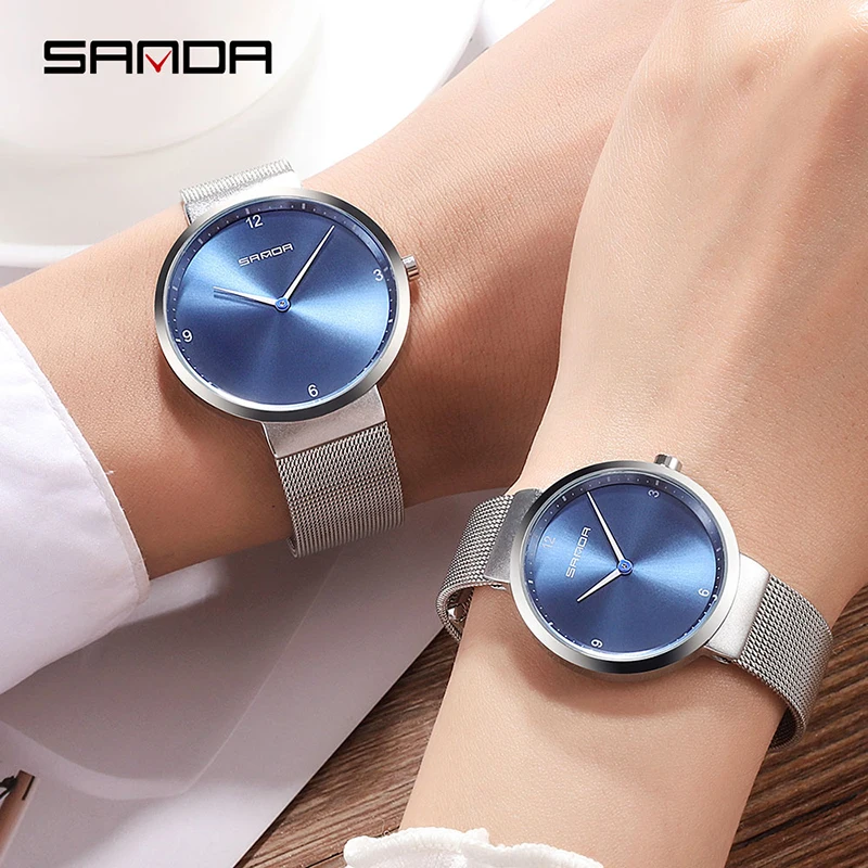 

SANDA New Watch Stainless Steel Mesh Quartz Couple Watches 1 Pair Men Women Simple Waterproof Lovers Gift Clock horloges mannen