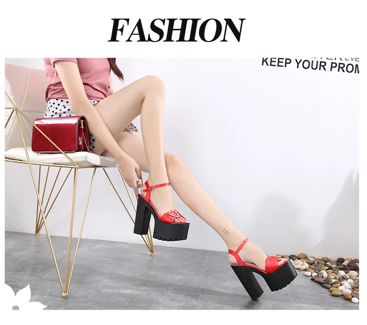 G-sparrow 14CM Comfortable Platform High Heels Thick Buckle Diamond Sandals Female Red Wedding Shoes Summer 2018 New Black29