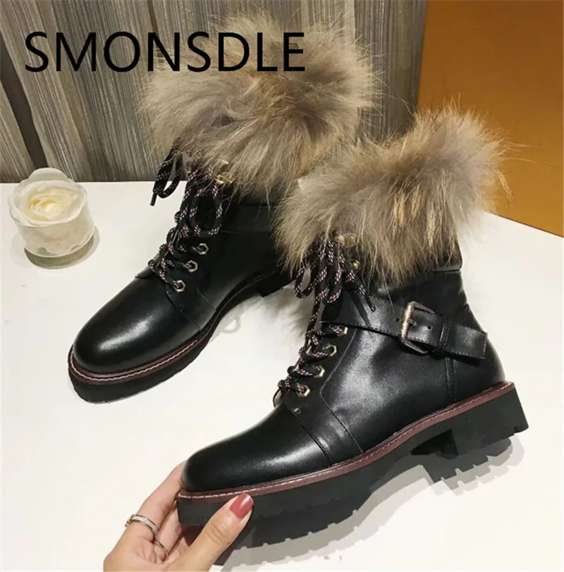 

SMONSDLE New Black Brown Genuine Leather Gladiator Lace Up Women Ankle Fur Boots Round Toe Buckle Women Winter Boots Shoes Women