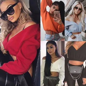 

2019 New Autumn Sexy Womens Long Sleeves Deep-V Top Off Shoulder T-Shirts Fleece Tops