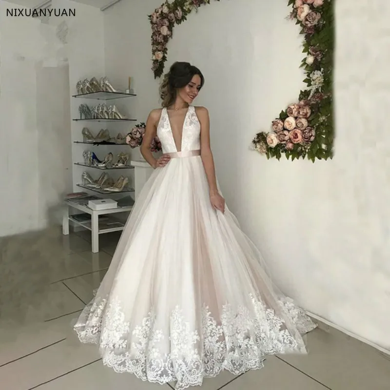Свадебное платье трапециевидной формы, Тюлевое кружевное свадебное платье с v-образным вырезом и поясом, свадебное платье с открытой спиной, Vestido De Noiva